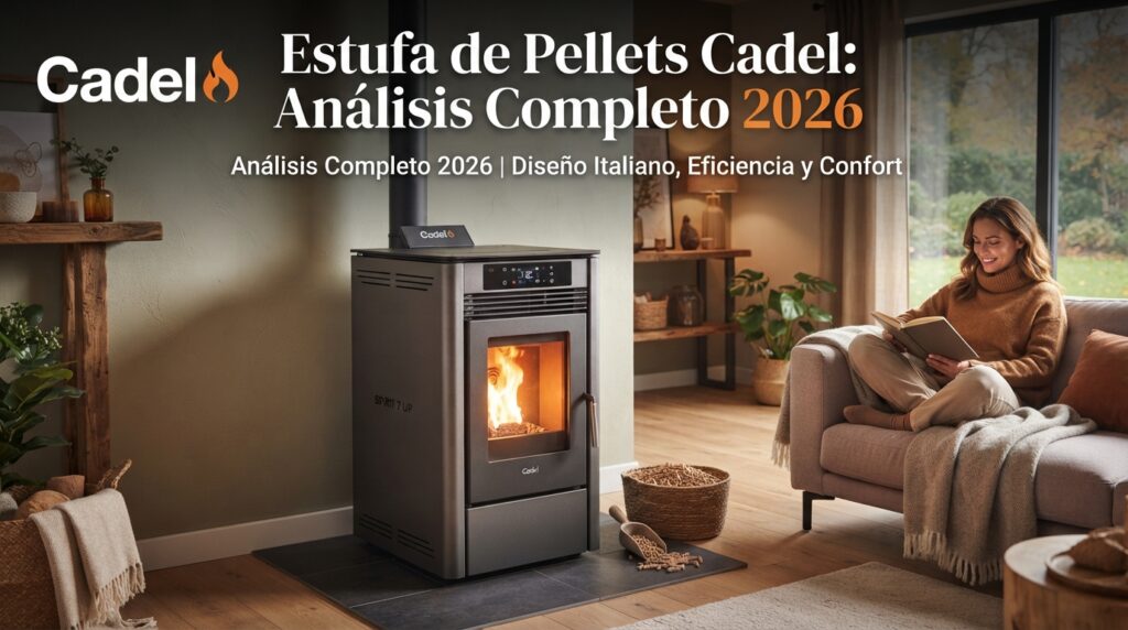 Estufa de pellets Cadel con acabado de diseño en un salón
